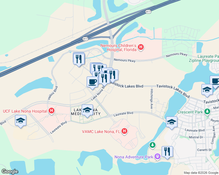 map of restaurants, bars, coffee shops, grocery stores, and more near 6910 Lake Nona Boulevard in Orlando