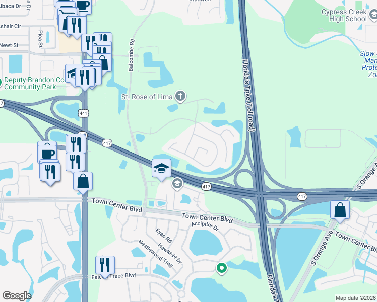 map of restaurants, bars, coffee shops, grocery stores, and more near 1278 Epson Oaks Way in Orlando