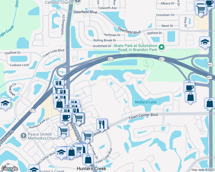 map of restaurants, bars, coffee shops, grocery stores, and more near 13330 Heron Cove Drive in Orlando