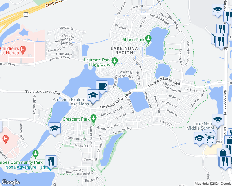 map of restaurants, bars, coffee shops, grocery stores, and more near 8442 Karrer Terrace in Orlando