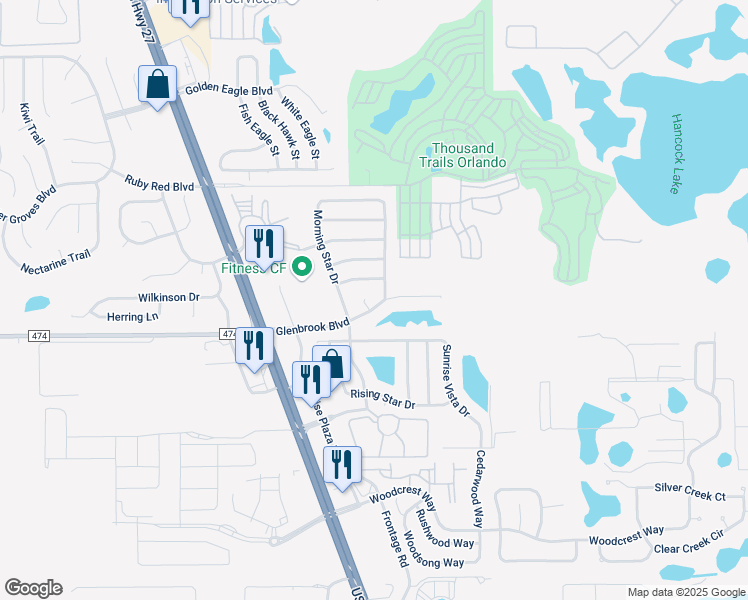 map of restaurants, bars, coffee shops, grocery stores, and more near 16731 Glenbrook Boulevard in Clermont