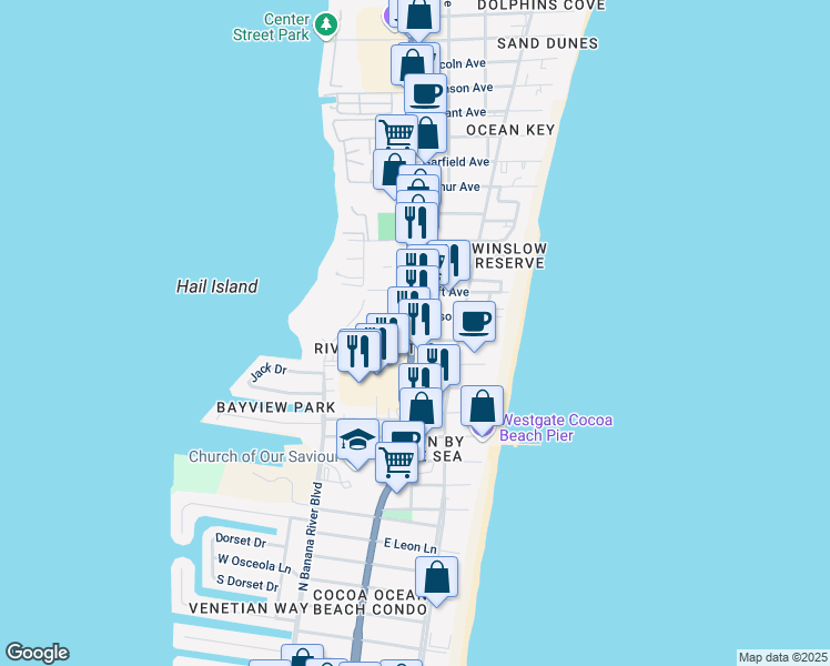 map of restaurants, bars, coffee shops, grocery stores, and more near 5840 North Atlantic Avenue in Cocoa Beach