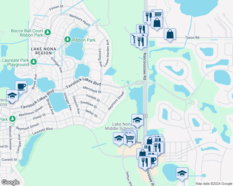 map of restaurants, bars, coffee shops, grocery stores, and more near 9459 Merrifield Street in Orlando