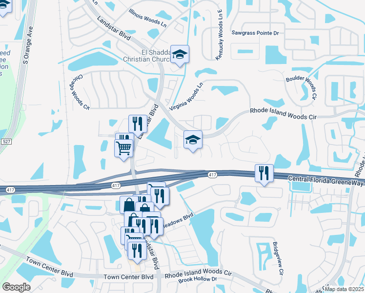 map of restaurants, bars, coffee shops, grocery stores, and more near 500 Rhode Island Woods Circle in Orlando