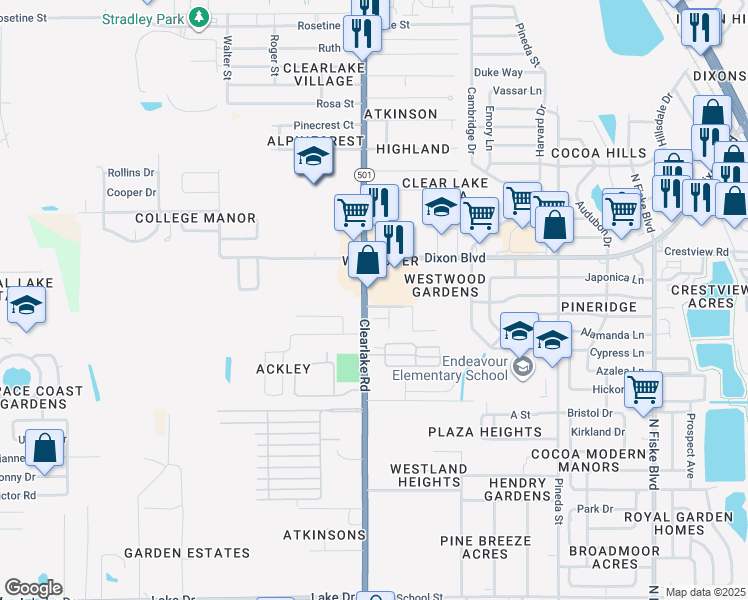 map of restaurants, bars, coffee shops, grocery stores, and more near 1002 Clearlake Road in Cocoa