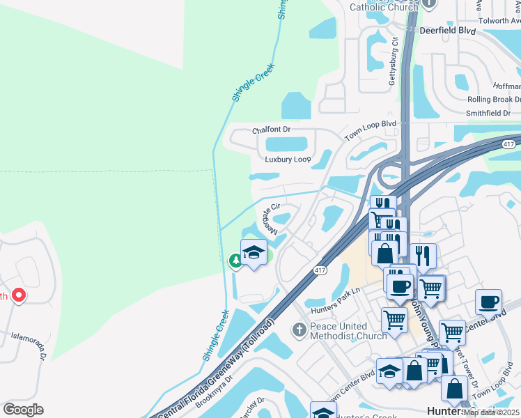 map of restaurants, bars, coffee shops, grocery stores, and more near 13148 Meergate Circle in Orlando