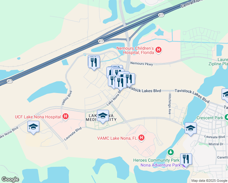 map of restaurants, bars, coffee shops, grocery stores, and more near 6955 Lake Nona Boulevard in Orlando