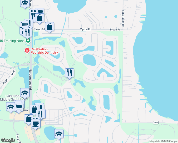 map of restaurants, bars, coffee shops, grocery stores, and more near 10625 Gawsworth Point in Orlando