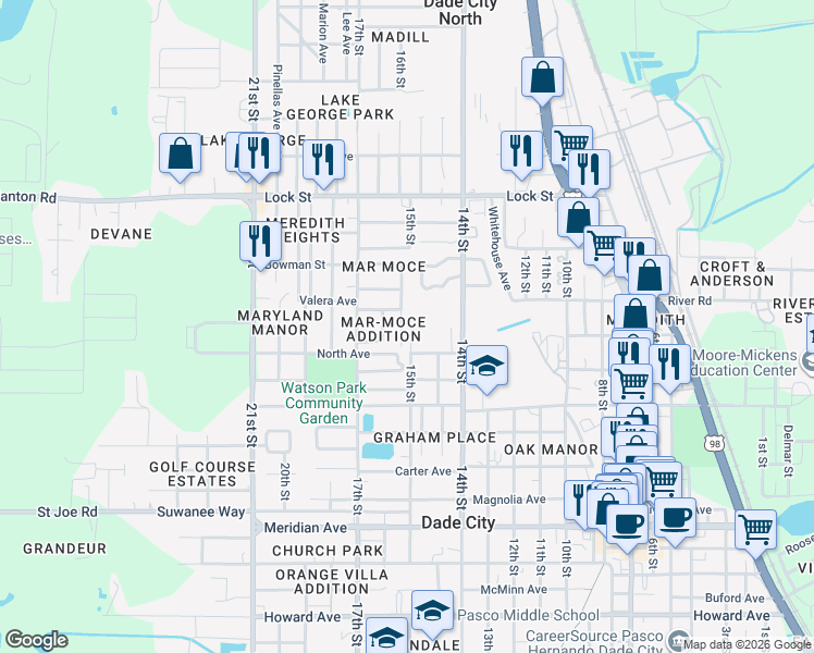 map of restaurants, bars, coffee shops, grocery stores, and more near 14627 State Street in Dade City