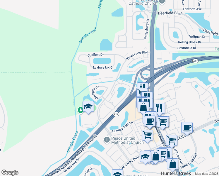map of restaurants, bars, coffee shops, grocery stores, and more near 13318 Meergate Circle in Orlando