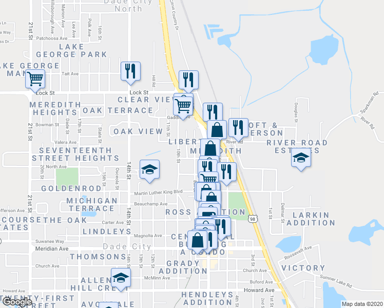 map of restaurants, bars, coffee shops, grocery stores, and more near 14649 8th Street in Dade City
