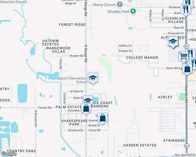 map of restaurants, bars, coffee shops, grocery stores, and more near 880 North Range Road in Cocoa