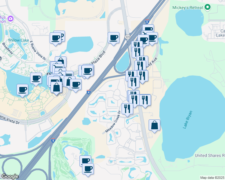 map of restaurants, bars, coffee shops, grocery stores, and more near 13501 Meadow Creek Drive in Orlando