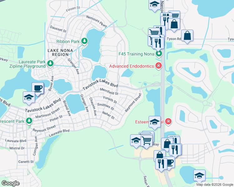 map of restaurants, bars, coffee shops, grocery stores, and more near East Richey Road in Leesburg