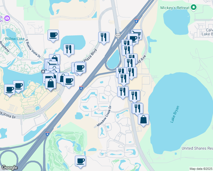 map of restaurants, bars, coffee shops, grocery stores, and more near 13501 Vista Walk Drive in Orlando