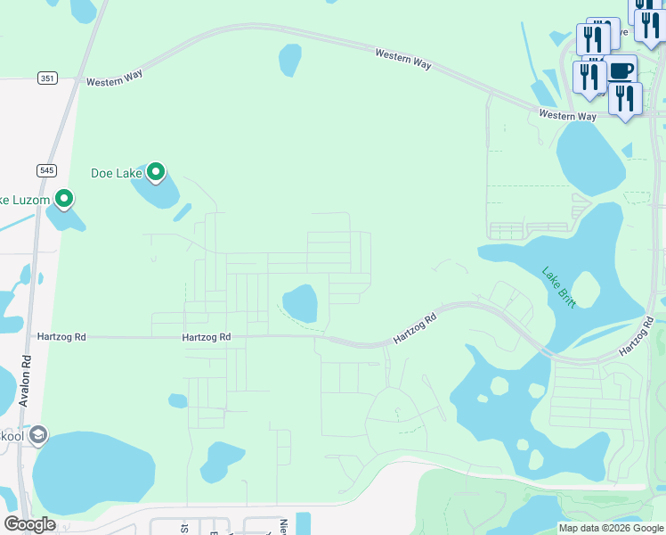 map of restaurants, bars, coffee shops, grocery stores, and more near 15852 Hartzog Road in Winter Garden