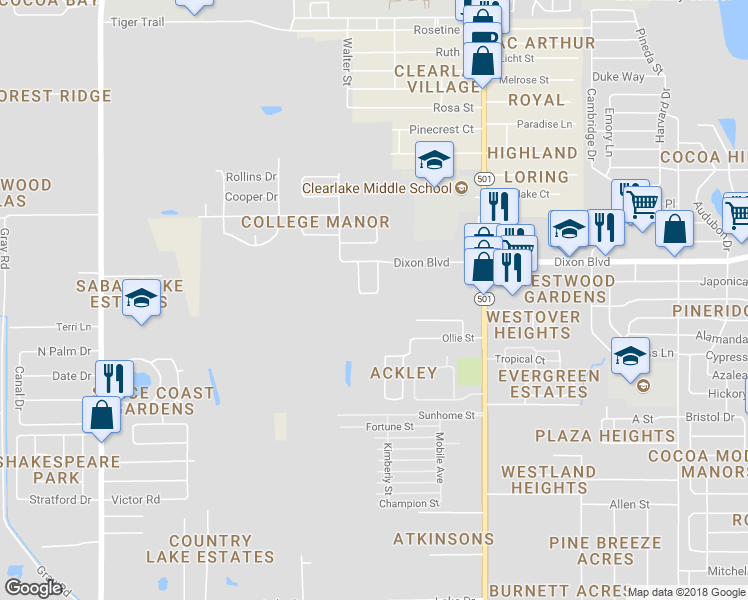 map of restaurants, bars, coffee shops, grocery stores, and more near 1230 Amherst Court in Cocoa
