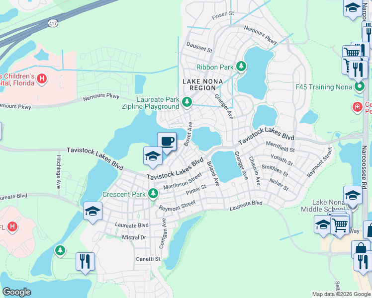 map of restaurants, bars, coffee shops, grocery stores, and more near 8442 Karrer Terrace in Orlando