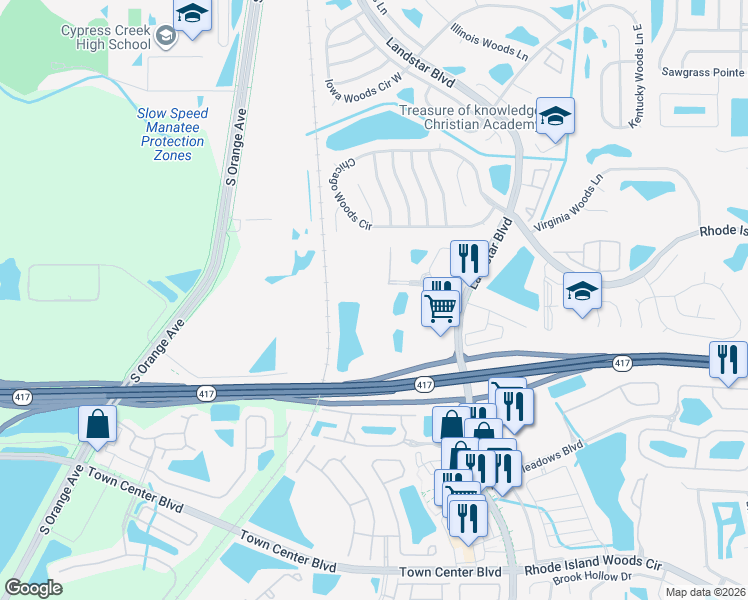 map of restaurants, bars, coffee shops, grocery stores, and more near 525 Pinnacle Cove Boulevard in Orlando