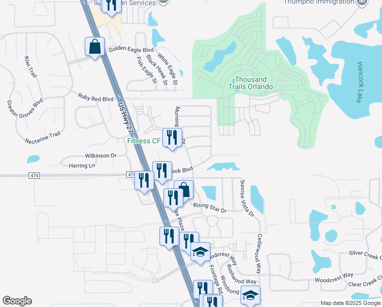 map of restaurants, bars, coffee shops, grocery stores, and more near 16720 Glenbrook Boulevard in Clermont
