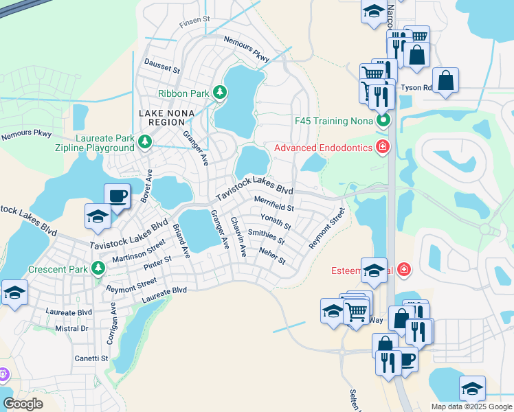 map of restaurants, bars, coffee shops, grocery stores, and more near Alley 249 in Orlando