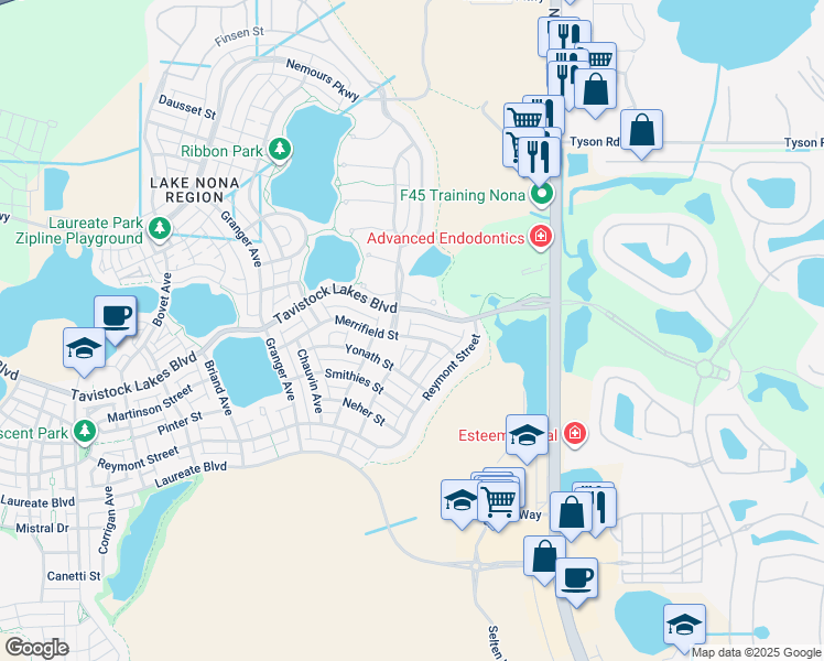map of restaurants, bars, coffee shops, grocery stores, and more near 13575 Lessing Avenue in Orlando
