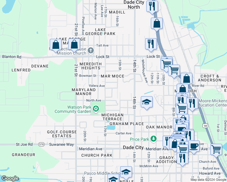 map of restaurants, bars, coffee shops, grocery stores, and more near 14700 Douglas Drive in Dade City