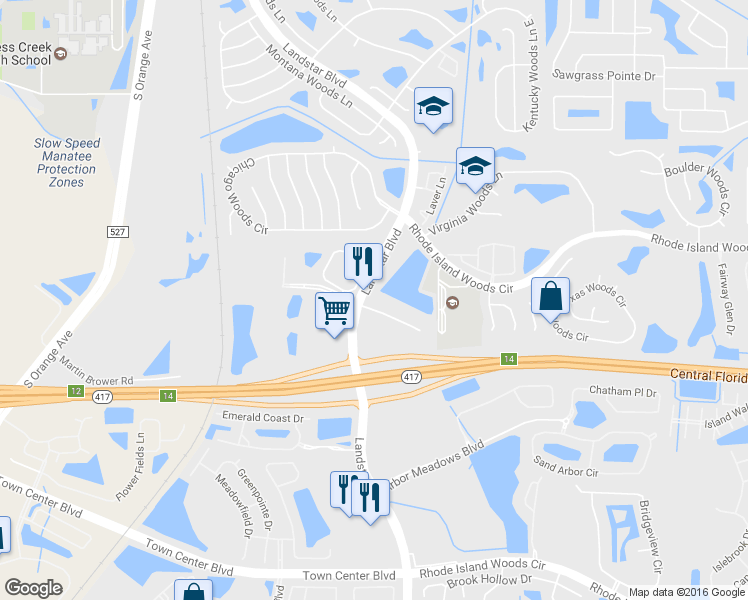map of restaurants, bars, coffee shops, grocery stores, and more near 13401 Landstar Blvd in Meadow Woods