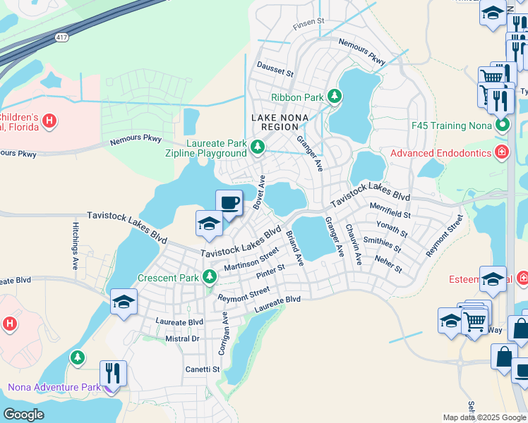 map of restaurants, bars, coffee shops, grocery stores, and more near 8747 Tavistock Lakes Boulevard in Orlando