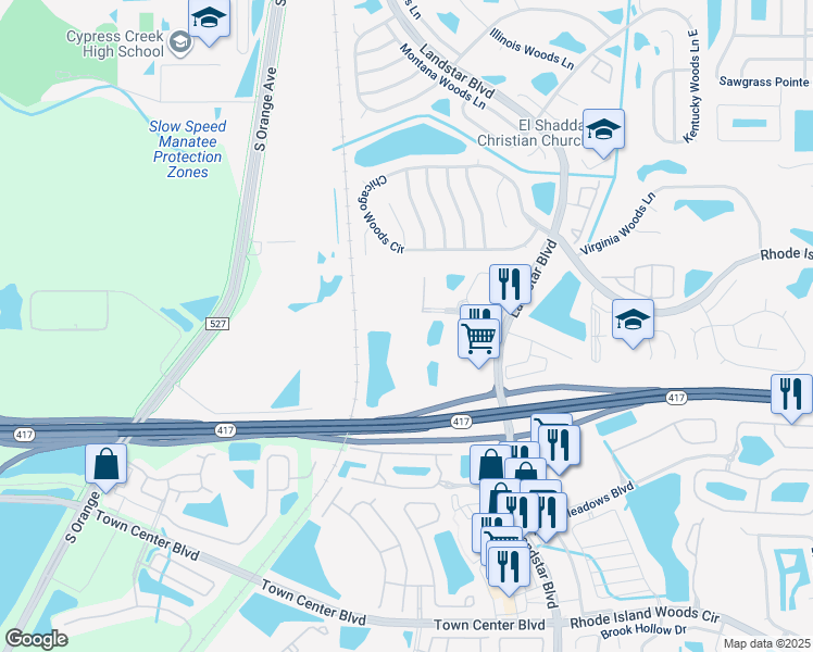 map of restaurants, bars, coffee shops, grocery stores, and more near 513 Pinnacle Cove Boulevard in Orlando