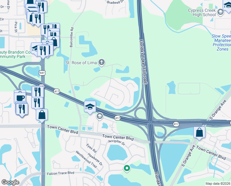 map of restaurants, bars, coffee shops, grocery stores, and more near 1120 Epson Oaks Way in Orlando