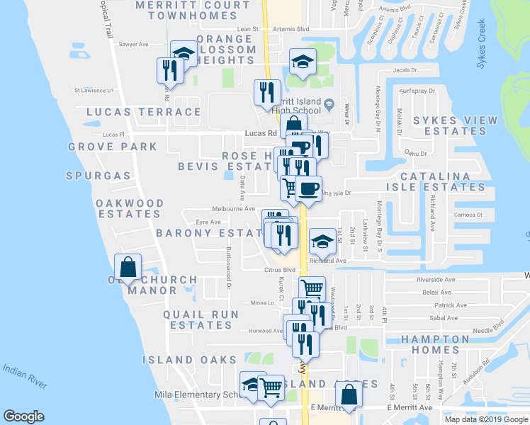 map of restaurants, bars, coffee shops, grocery stores, and more near 105 Melbourne Avenue in Merritt Island