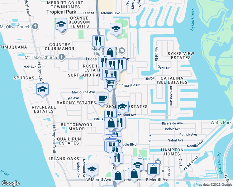map of restaurants, bars, coffee shops, grocery stores, and more near 890 North Courtenay Parkway in Merritt Island