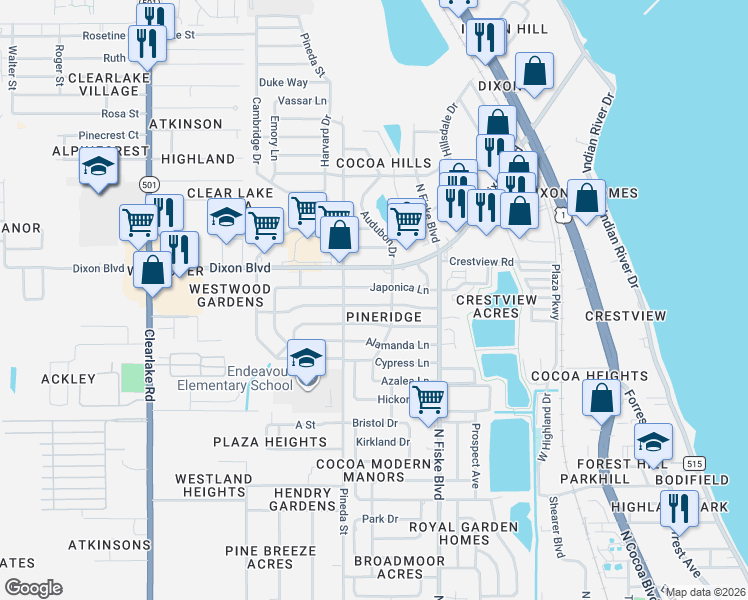 map of restaurants, bars, coffee shops, grocery stores, and more near 1102 Japonica Lane in Cocoa