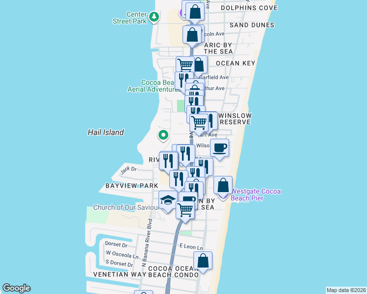 map of restaurants, bars, coffee shops, grocery stores, and more near 6101 North Atlantic Avenue in Cape Canaveral