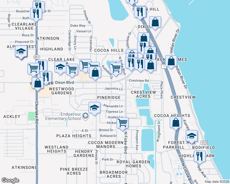 map of restaurants, bars, coffee shops, grocery stores, and more near 1046 Japonica Lane in Cocoa