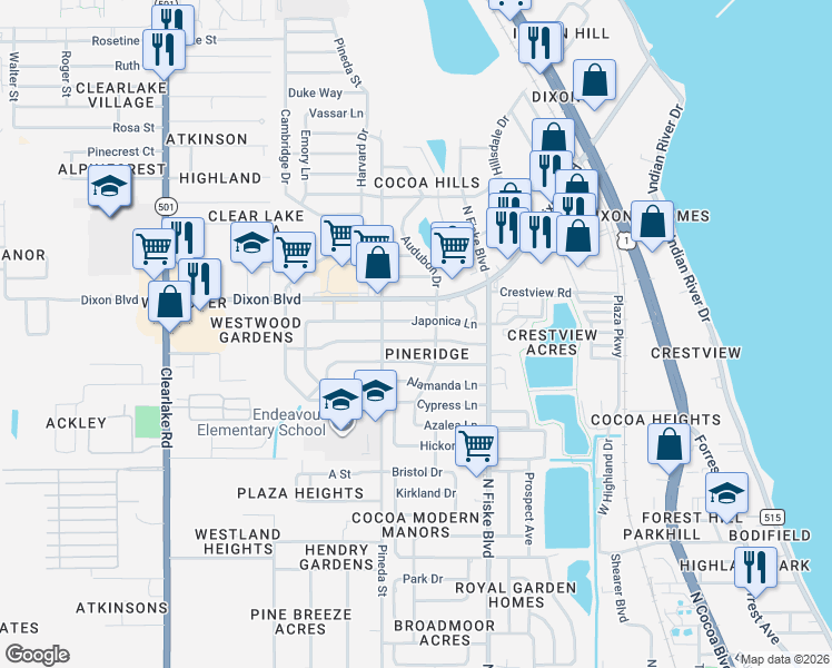 map of restaurants, bars, coffee shops, grocery stores, and more near 1102 Japonica Lane in Cocoa
