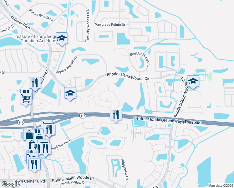 map of restaurants, bars, coffee shops, grocery stores, and more near 13542 Texas Woods Circle in Orlando