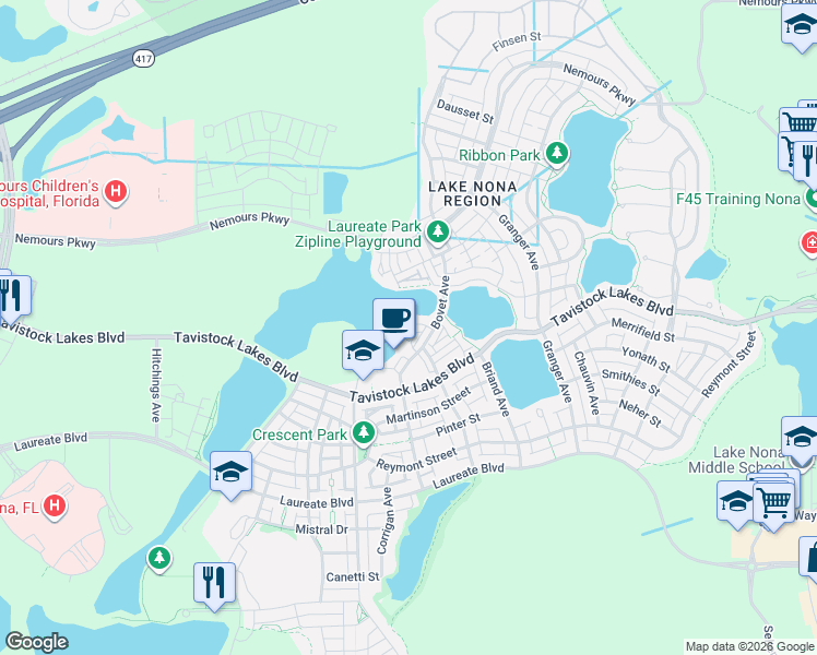 map of restaurants, bars, coffee shops, grocery stores, and more near 8165 Elion Street in Orlando