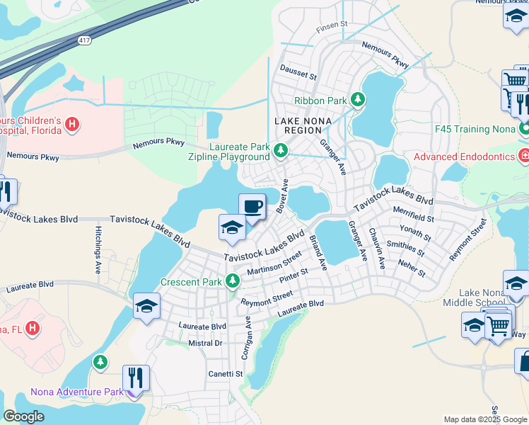 map of restaurants, bars, coffee shops, grocery stores, and more near 8260 Elion Street in Orlando