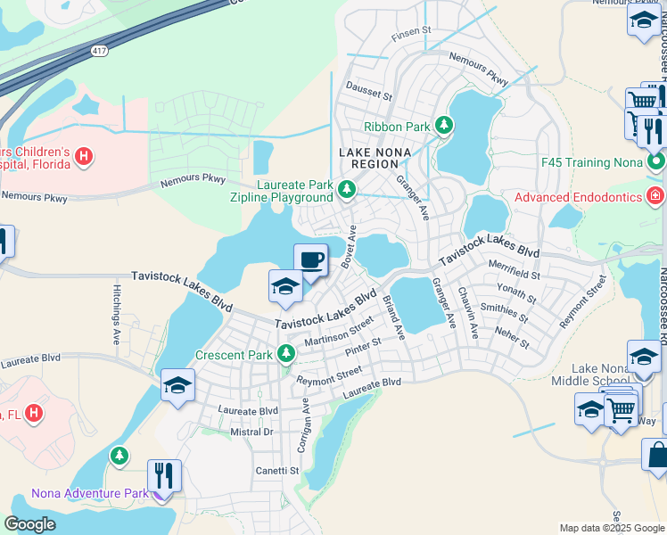 map of restaurants, bars, coffee shops, grocery stores, and more near 8260 Elion Street in Orlando