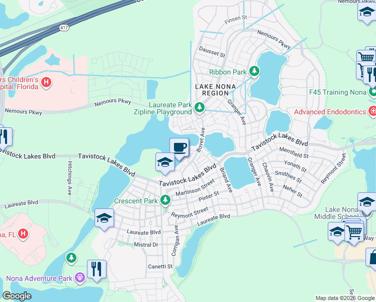 map of restaurants, bars, coffee shops, grocery stores, and more near 8260 Elion Street in Orlando