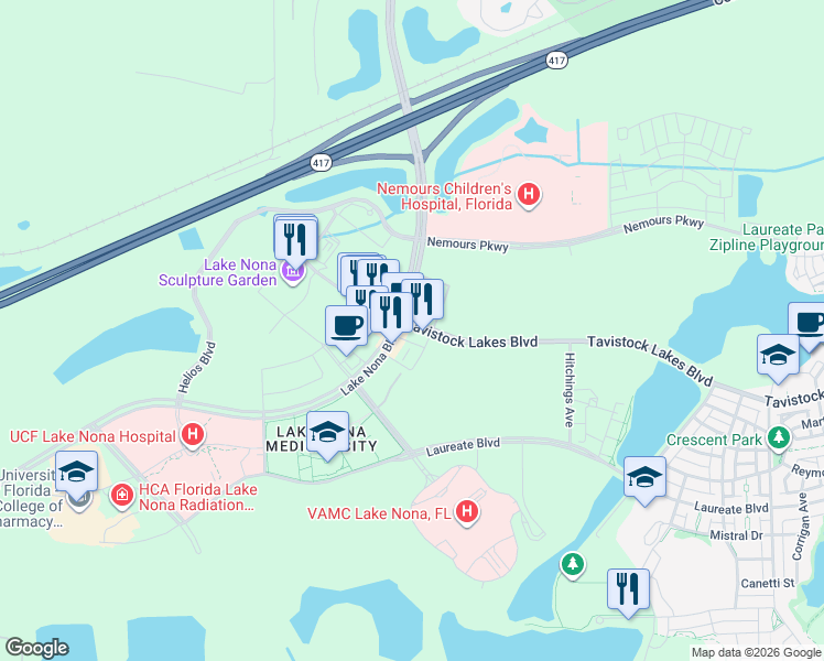 map of restaurants, bars, coffee shops, grocery stores, and more near 6900 Tavistock Lakes Boulevard in Orlando