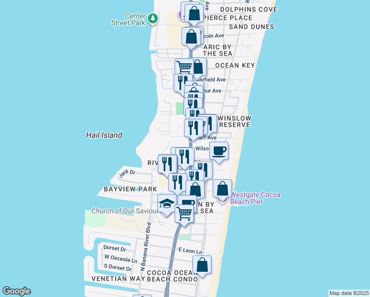 map of restaurants, bars, coffee shops, grocery stores, and more near 5807 North Atlantic Avenue in Cape Canaveral