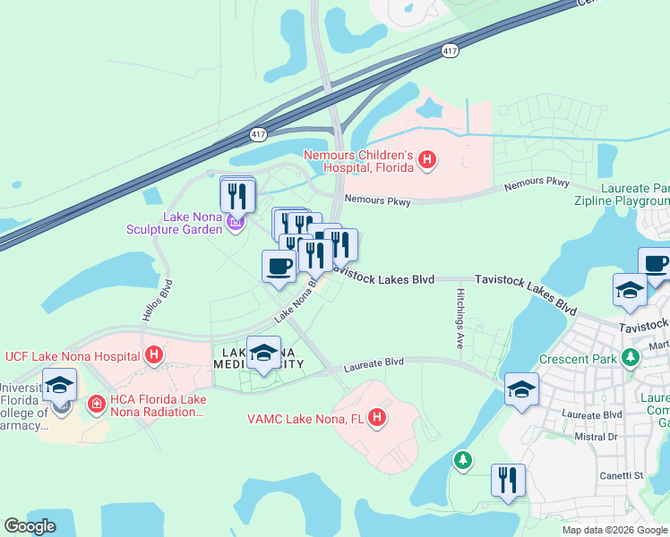 map of restaurants, bars, coffee shops, grocery stores, and more near 6900 Tavistock Lakes Boulevard in Orlando
