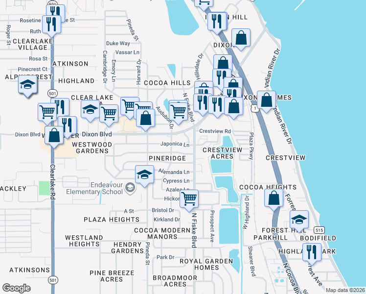 map of restaurants, bars, coffee shops, grocery stores, and more near 1046 Japonica Lane in Cocoa