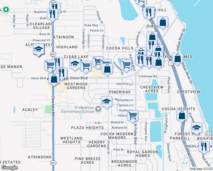map of restaurants, bars, coffee shops, grocery stores, and more near 1114 Japonica Lane in Cocoa