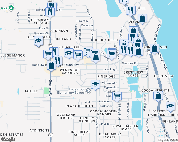 map of restaurants, bars, coffee shops, grocery stores, and more near 1210 Japonica Lane in Cocoa