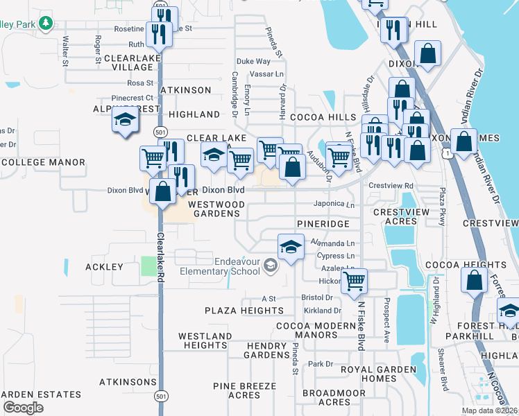 map of restaurants, bars, coffee shops, grocery stores, and more near 1306 Japonica Lane in Cocoa