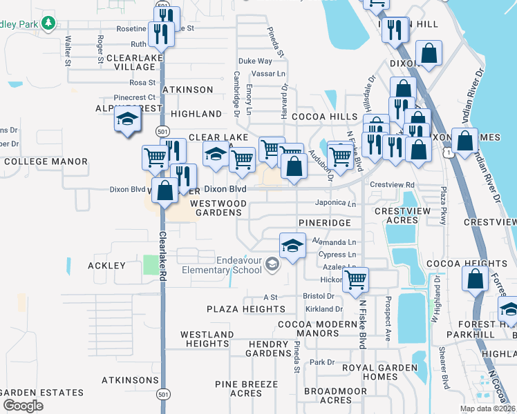 map of restaurants, bars, coffee shops, grocery stores, and more near 1306 Japonica Lane in Cocoa